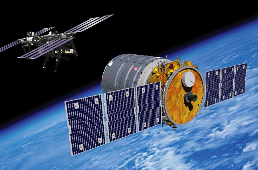 A konkurens Orbital Cygnus űrhajója az űrállomásnál – természetesen még csak fantáziaképen <br>(fotó: Orbital Sciences)