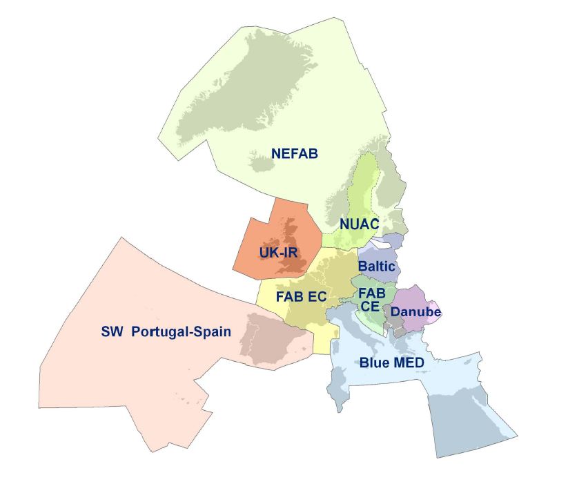 Európa funkcionális légtérblokkjai: a legforgalmasabb a FAB EC, tőle keletre a FAB CE, amelynek Magyarország is része