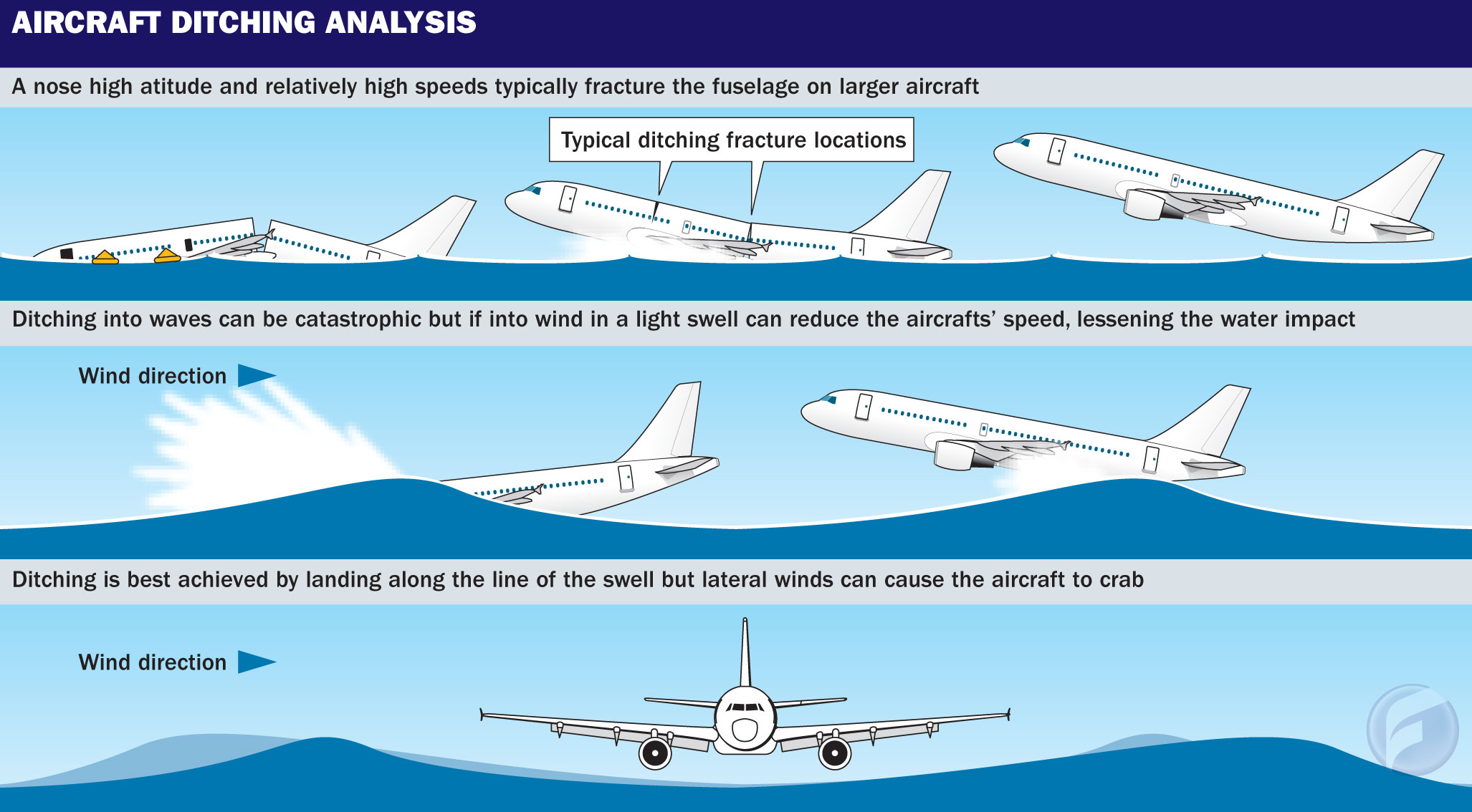 A Flightglobal ábrája: így kell alkalmazkodni vízreszálláskor a hullámokhoz