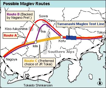 A valószínű, a vasúttársaság által kijelölt eléggé egyenes nyomvonal, benne a kiépített felszíni kísérleti szakasz Yamanashi körzetben