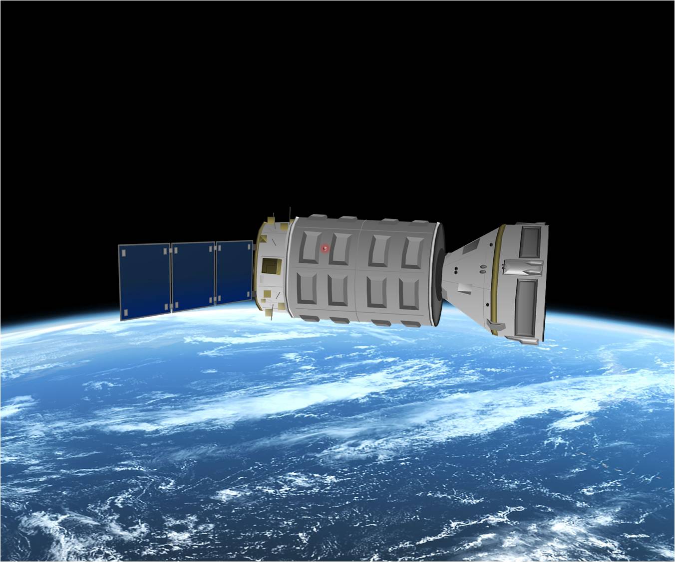 Jól kivehető a Cygnus-rendszer: balra a Service Modul, középen a hosszú hengeres szállító egység, ennyi repül most, jobbra a majdani kabin űrhajósoknak