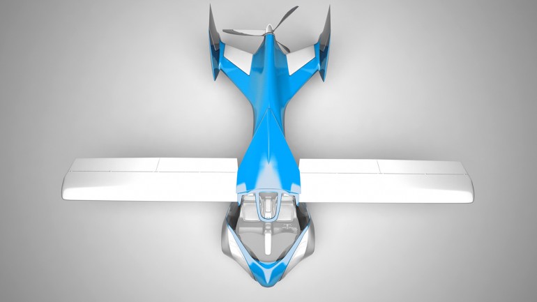 A szerkezet felülnézetből: rövid, de alaposan mechanizált szárnyak, tolólégcsavar, ikervezérsík
