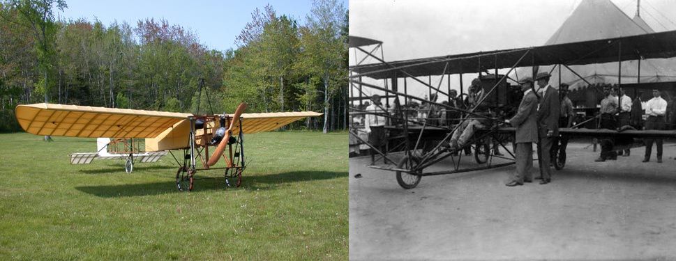 Balról egy Bleriot-replika farokkerékkel, jobbról egy Curtiss-gép orrkerékkel, az aviatika ugyanama korszakából