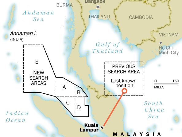 Malajziától keletre keresték eddig a gépet, most kiterjesztették a kutatást a félszigettől nyugatra is – a Washington Post vázlata