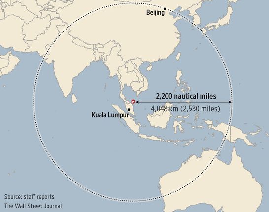 A gép 480 csomós utazósebesség mellett még 2200 tengeri mérföldet repülhetett négy óra alatt: a Wall Street Journal térképe