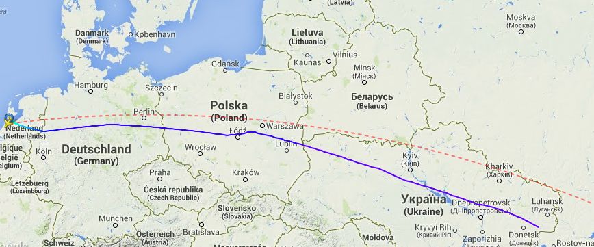 Varsó körzetéből Moszkva felé keletnek vezetne az út, nem délkeletre, ahogy a 777-es repült