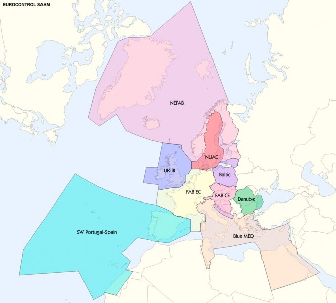 Európa FAB-térképe, középen a CE (Central Europe) és tőle délre a BLUE MED