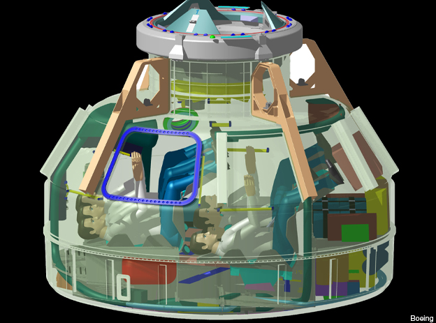 A kabin hasonlít az Apolló-űrhajóra, de nagyobb és persze sokkal modernebbek a rendszerei