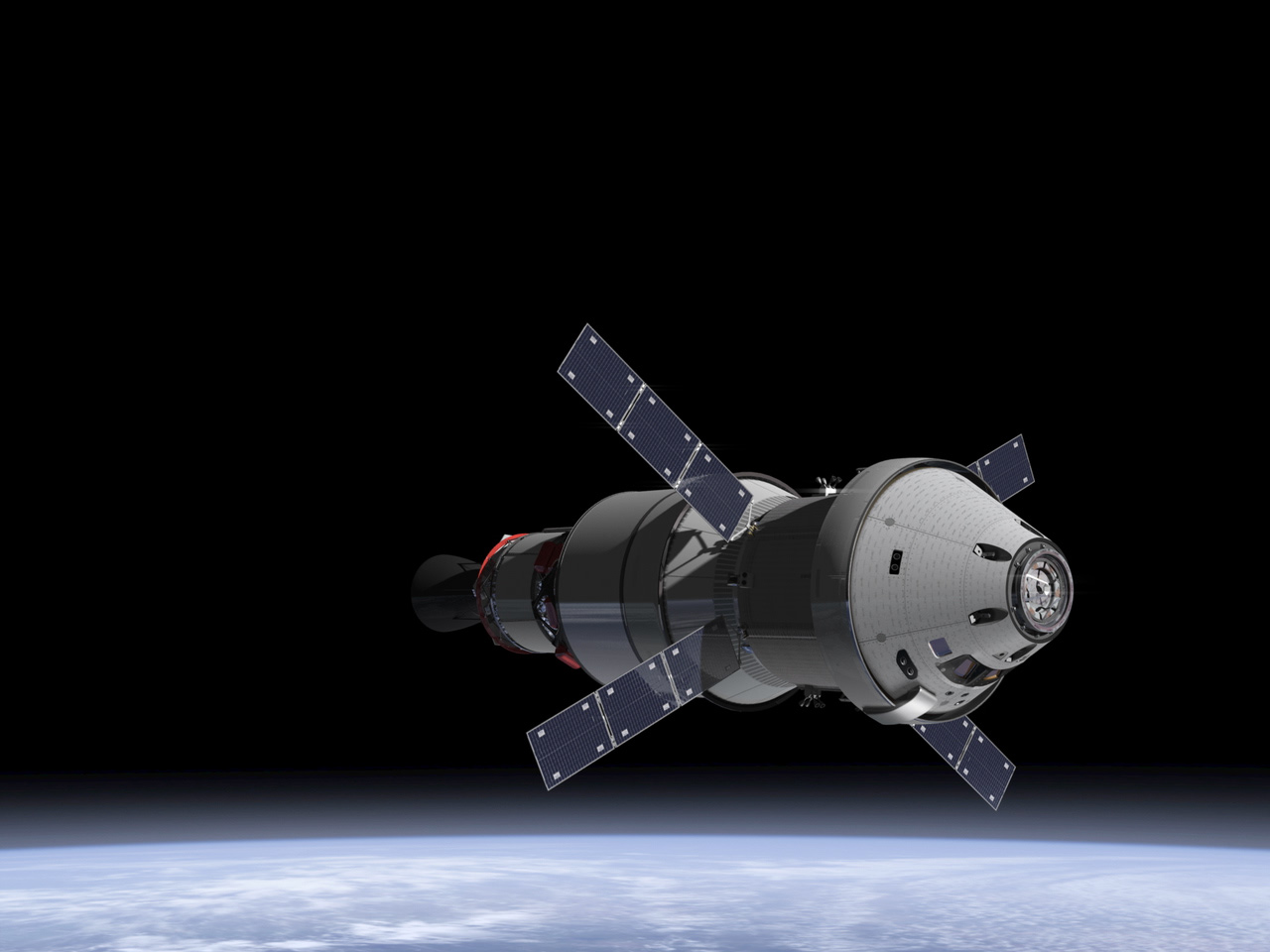 Ilyen a fantáziarajzon az Orion a kiszolgáló modullal és a második fokozattal, a kezdeti orbitális pályán...<br>(fotók, rajzok: NASA, Lockheed Martin)
