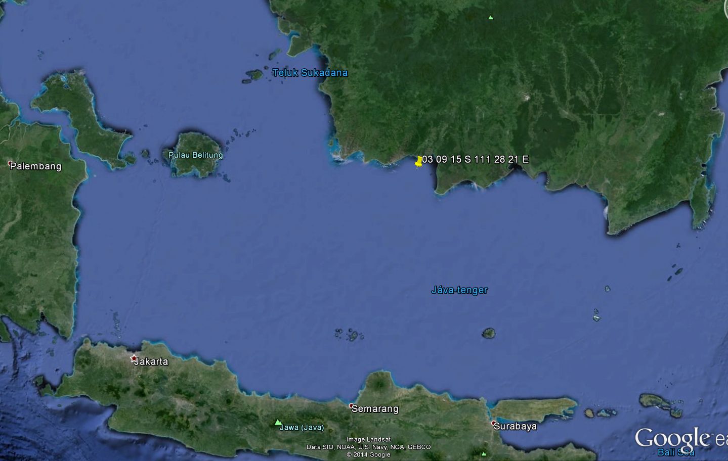 Az indonéz mentőegységek szerint itt zuhanhatott le a gép, közel Borneo nyugati partjaihoz