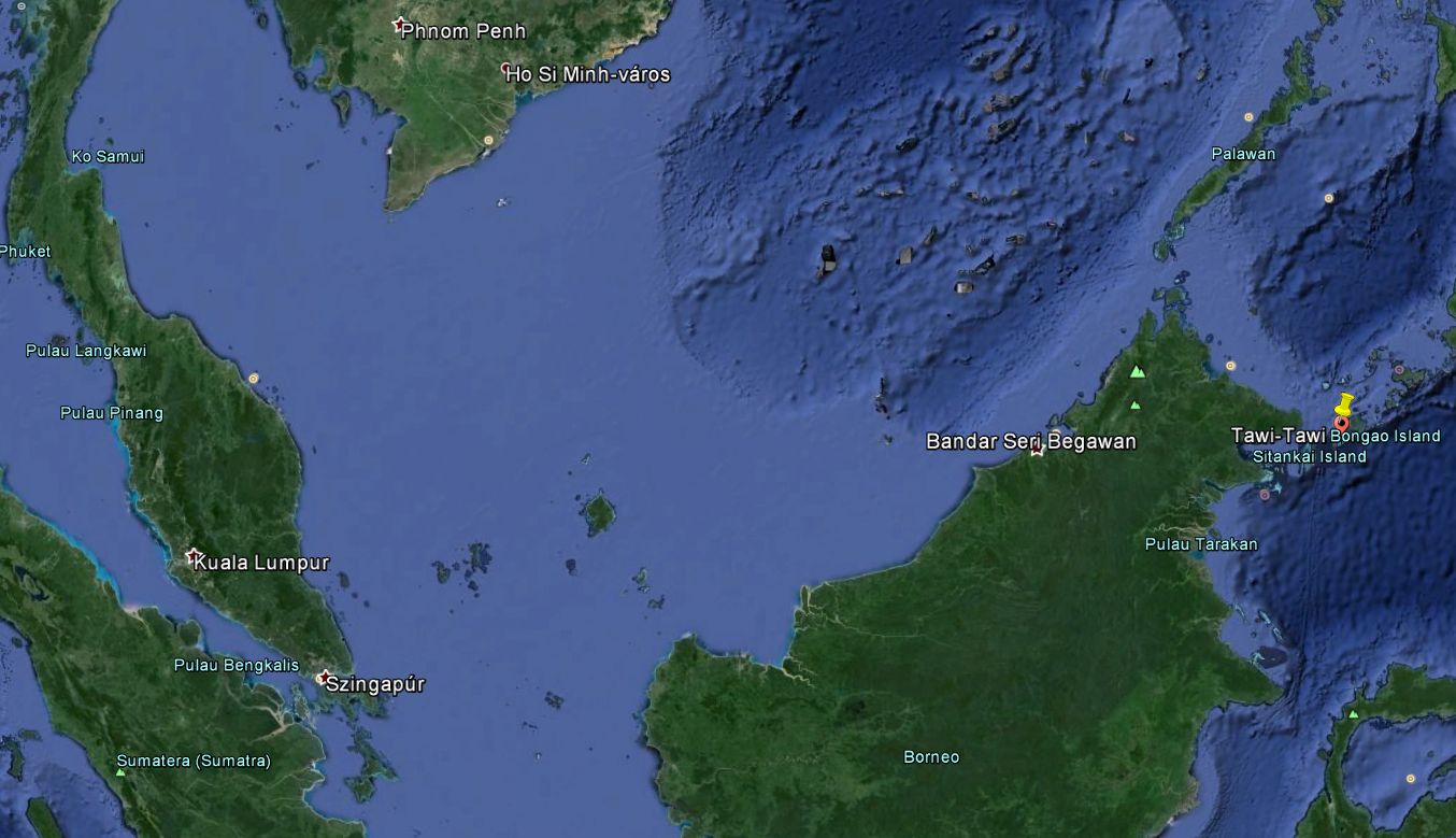 A Google Earth képe: keleten Tawi Tawi, innen a tengeri áramlatok nem sodorhatnak át roncsokat Borneón és malajzián át nyugat felé
