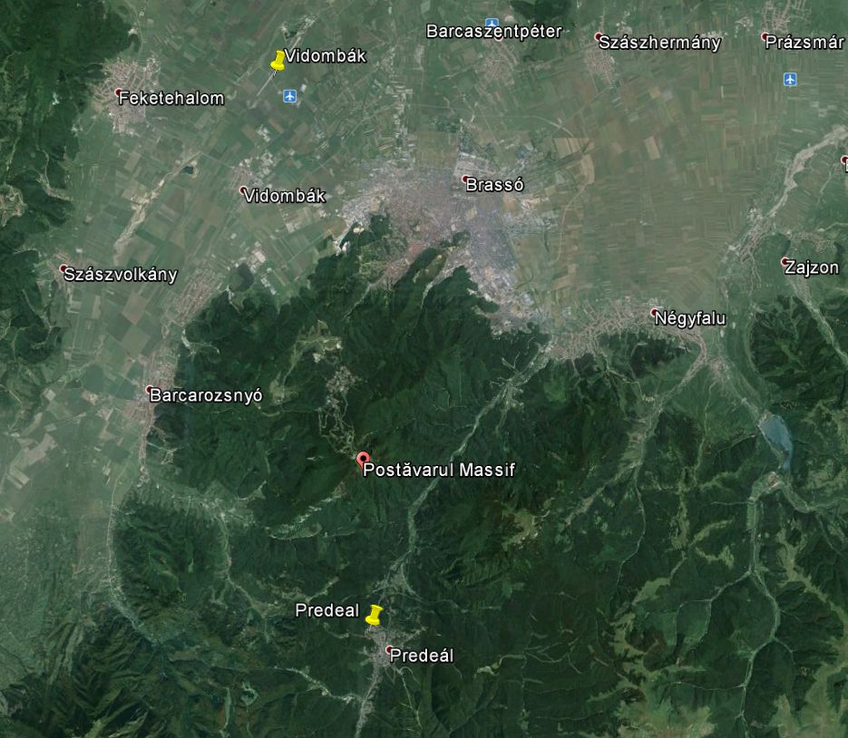 A helyszín a Google Earth műholdfotóján, Predeal és Brassó-Vidombák között