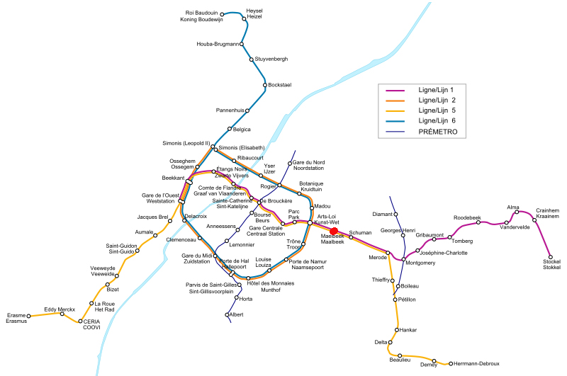 A brüsszeli metróhálózat térképe, pirossal jelölve Maalbeek állomás<br>(forrás: Wikipedia)