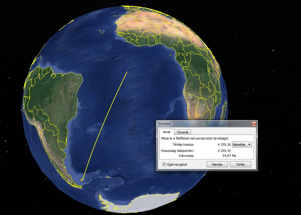 Az irgalmatlan távolság Ascensiontól a Falkland-szigetekig a Google Earth mérése szerint