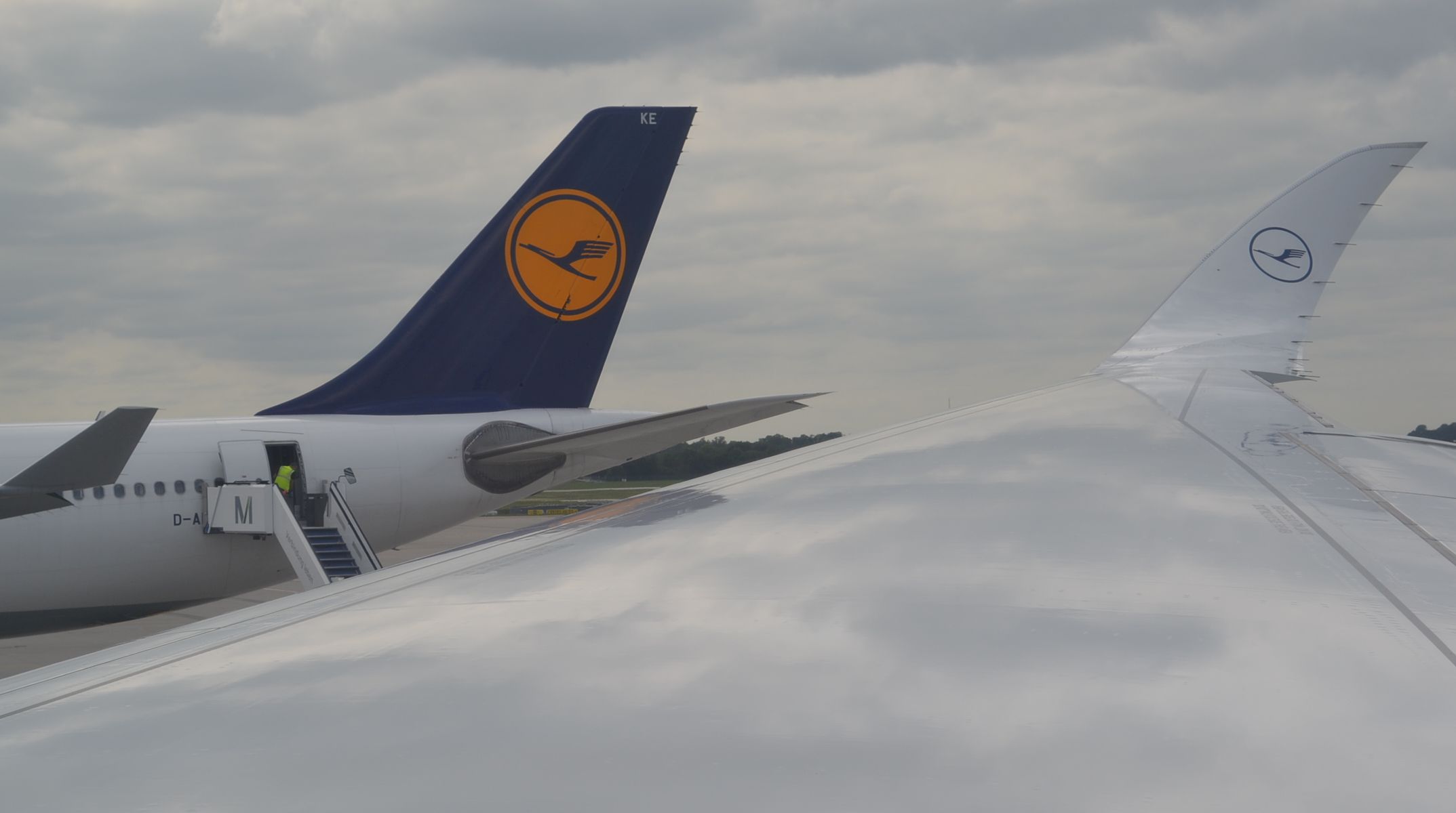 A hatalmas szárny és a csinos szárnyvég-megoldás, háttérben egy 330-as farka