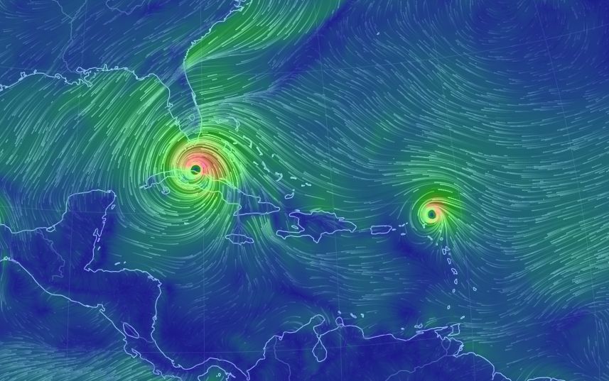 Irma és José, magyar idő szerint szombaton éjfél előtt (earth.nullschool.net)