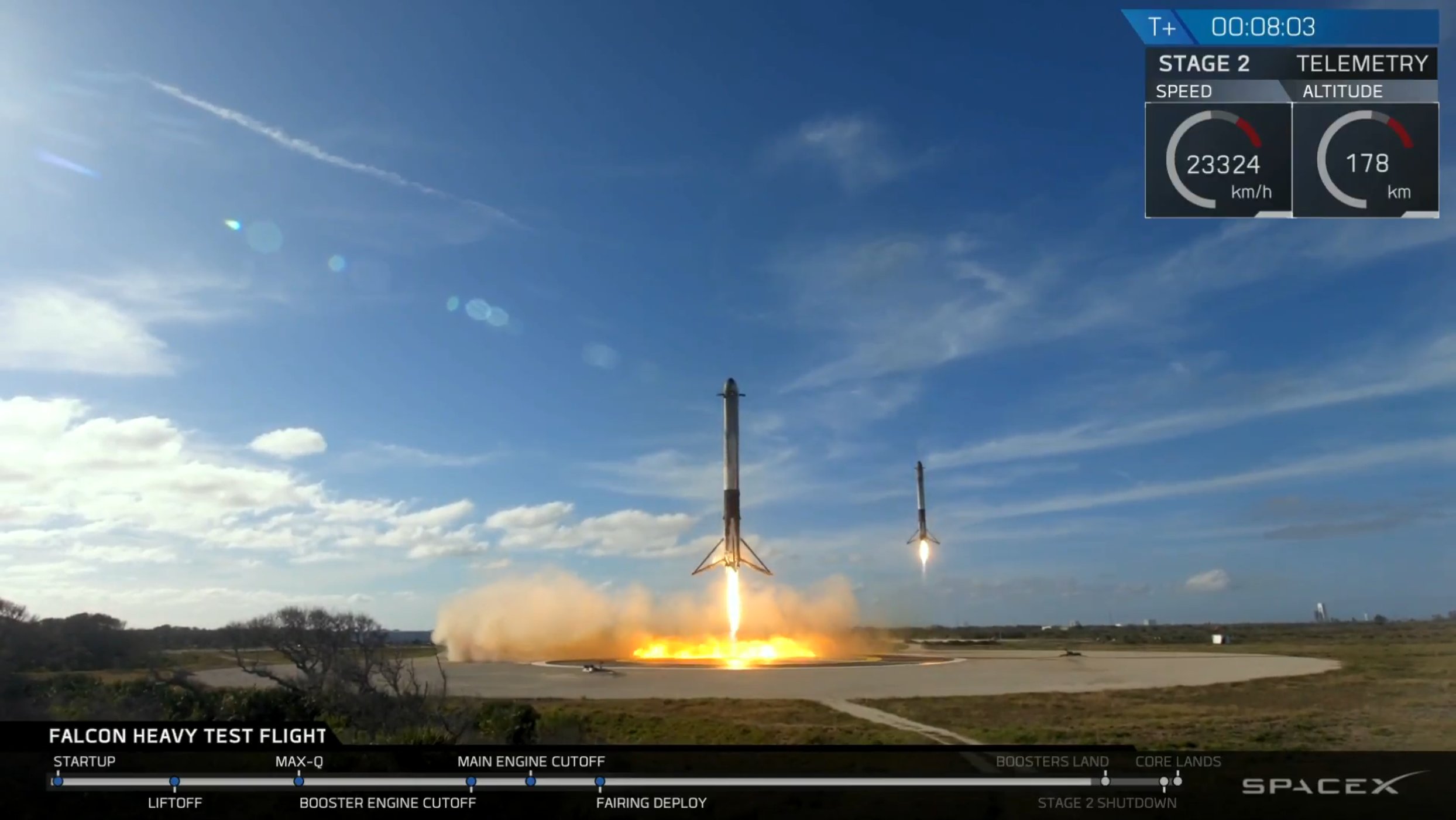 Két Falcon 9, a két oldalsó gyorsítórakéta szimultán leszállása az űrrepülőtéren