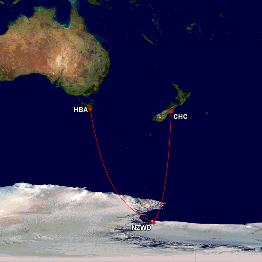 A repülőgép Tasmánia az Antarktisz és Új-Zéland között repült. Térkép: Great Circle Mapper