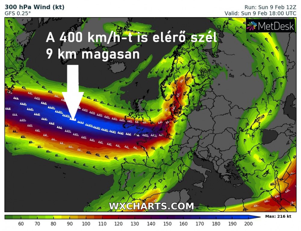 A jelenlegi szél kilenc kilométer magasan, GFS modellfuttatás alapján (forrás: wxcharts.com)