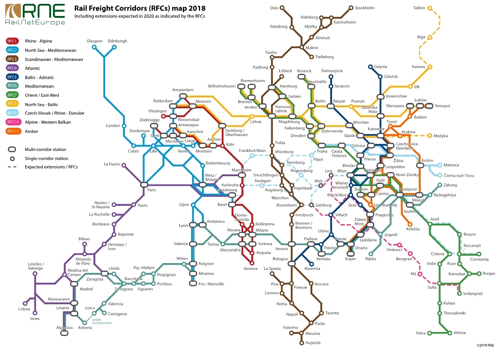 A vasúti áruszállítási folyosók a RailNetEurope 2018-as térképén