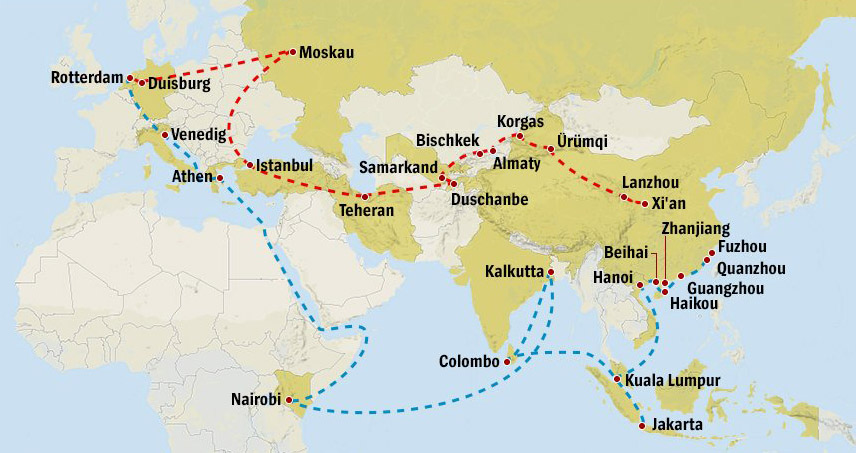 Jellemző tengeri és szárazföldi útvonalak Kína és Európa között