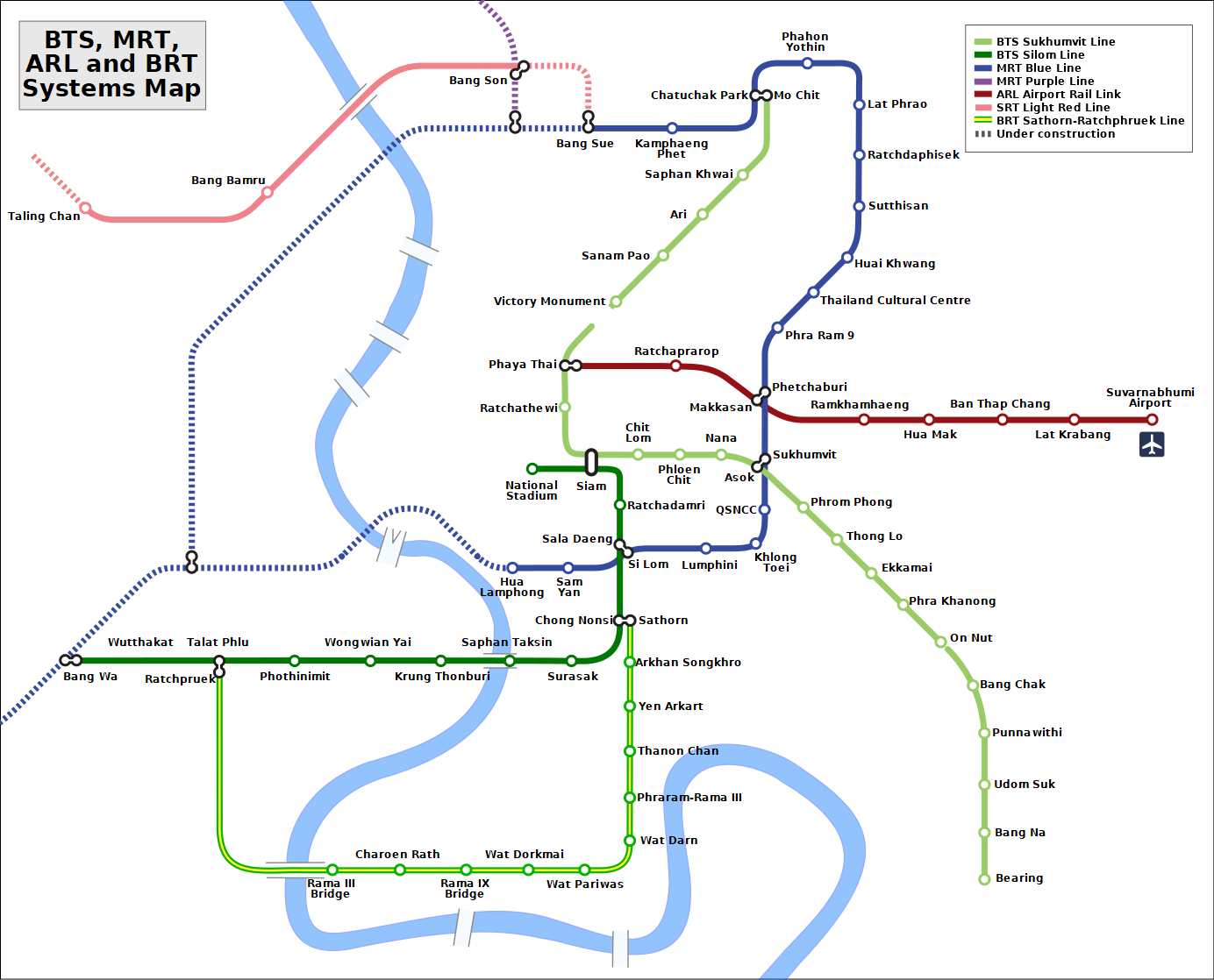 Bangkok metrótérképe. A kék szaggatott vonal 2019–2020 között lesz folytonos