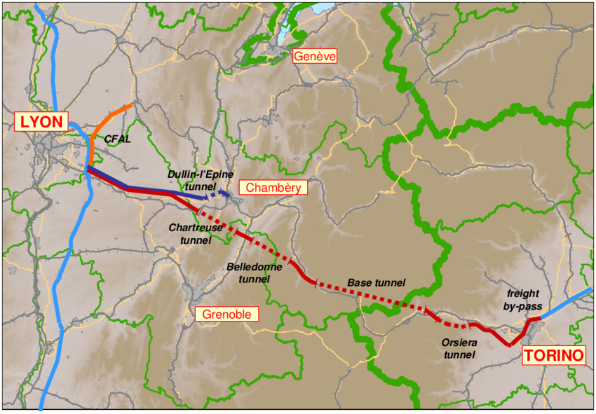 A Torino és Lyon közötti nagysebességű vonal a térképen (forrás: reserarchgate.net)