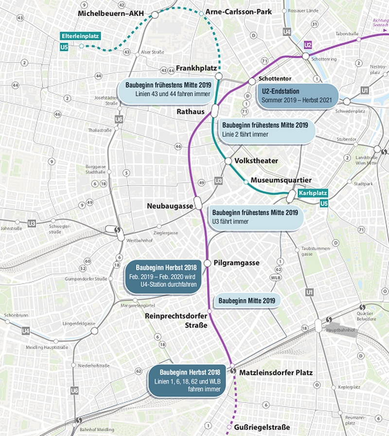 Az U2-es metró a Karlsplatz helyett a Matzleinsdorfer Platz felé fog közlekedni 2026-tól, a felszabaduló nyomvonalon 2025-től az U5-ös jár majd, észak-nyugat felé meghosszabbítva (forrás: Wiener Linien)