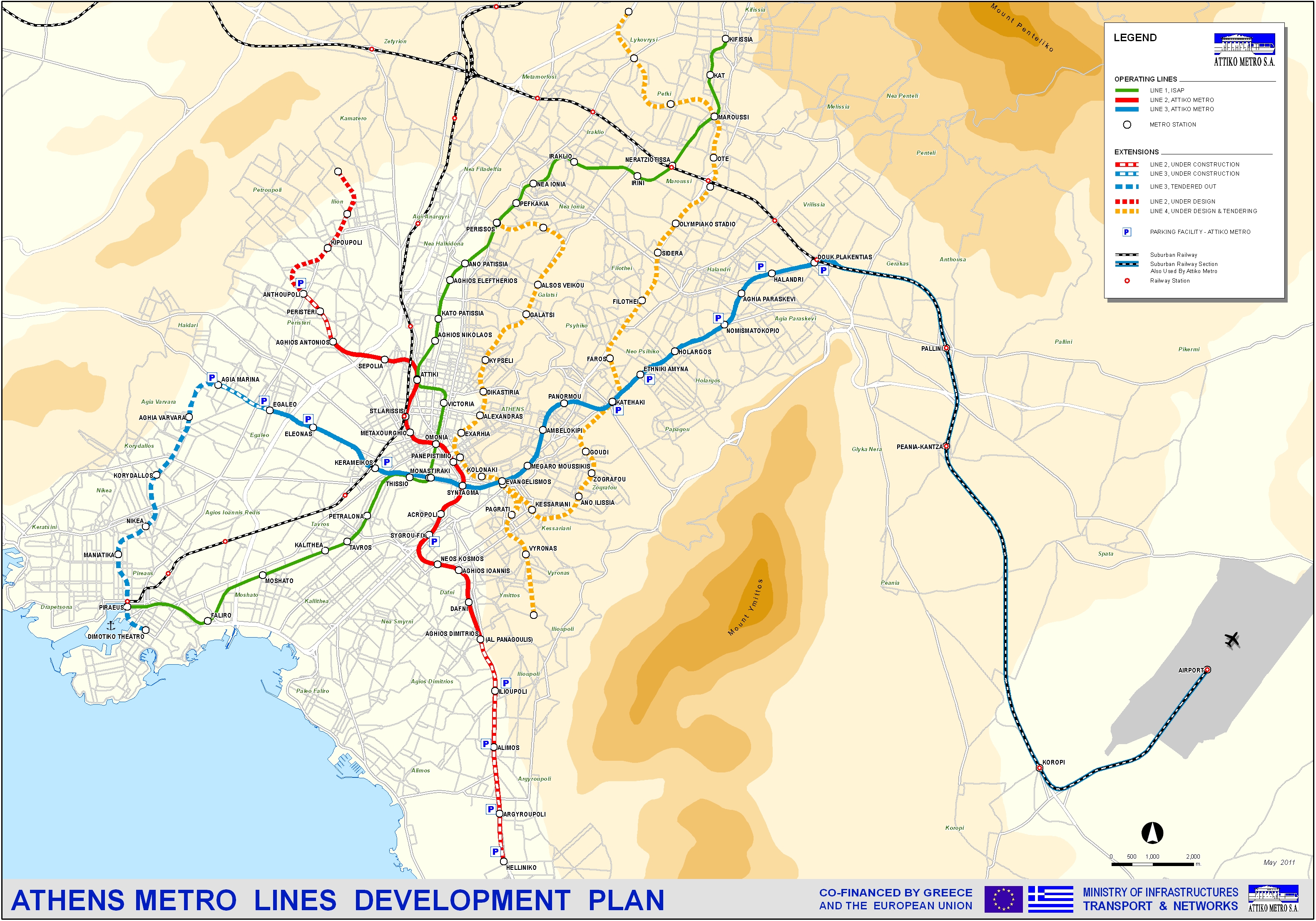 Az athéni hálózat fejlesztési térképe. Ami most nincs folytonos vonallal jelezve, sokára épülhet meg<br>(forrás: Attiko Metro)