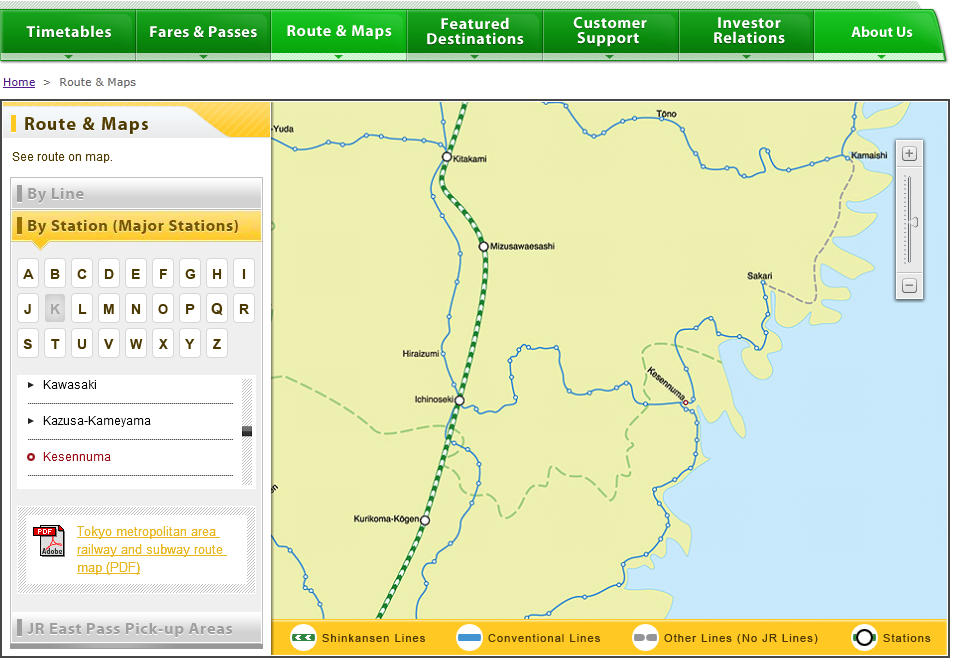 A JR East vasúttársaság hálózati térképének részlete. A tengerparton futó és az oda tartó vonalak forgalma szünetel, például a Kesennuma–Sakari szakasz is. A zöld vastag vonallal jelölt Tohoku Sinkanszen késések nélkül közlekedik<br>(fotó: JR East) 