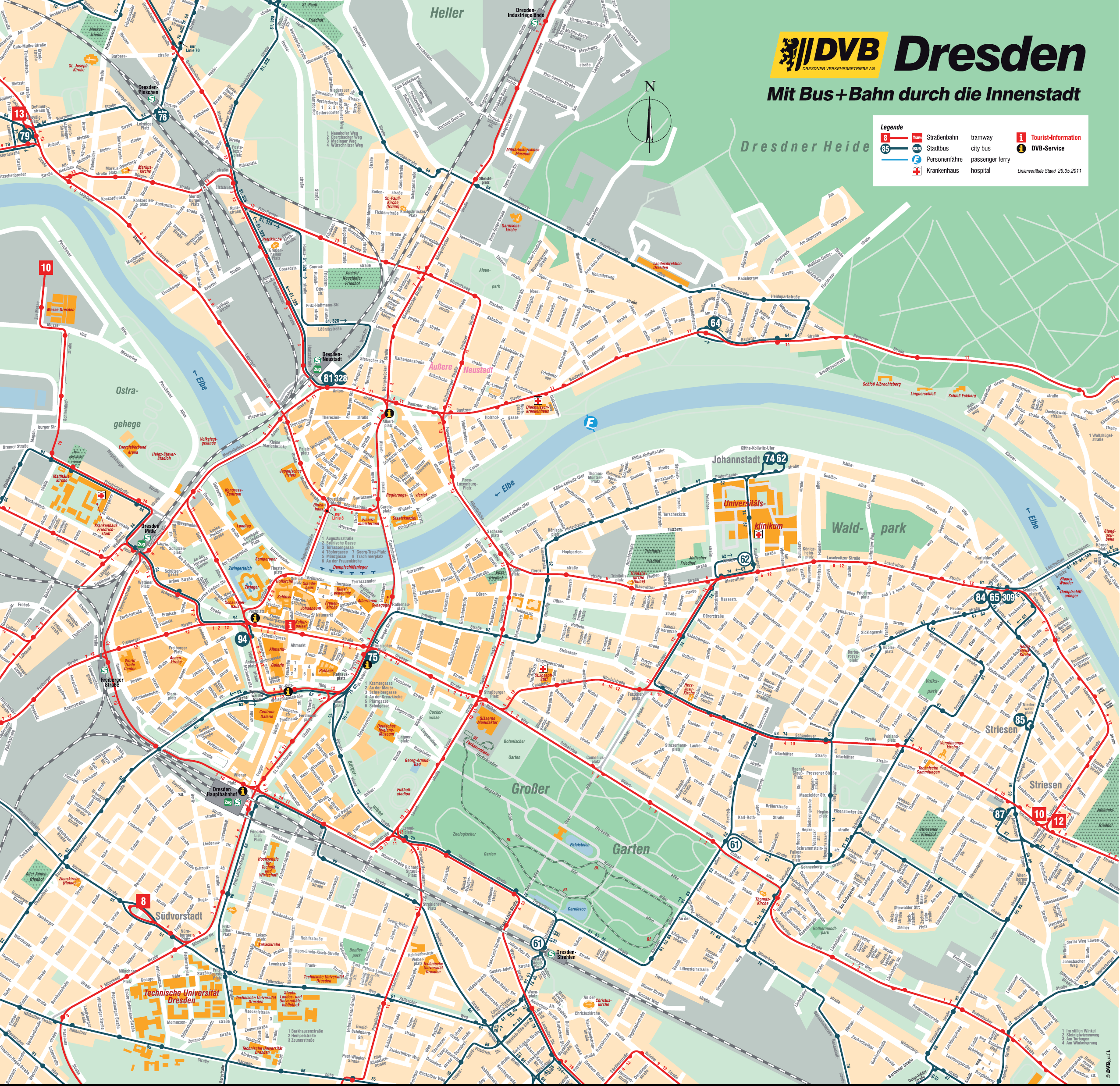 Drezda belvárosa a helyi közösségi közlekedést lebonyolító cég térképén. A piros vonalak a villamost, míg a kékek a városi buszokat jelölik<br>(forrás: DVB AG)