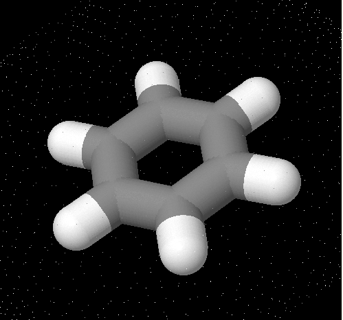 A benzol gyűrűs molekulája. A hat szénatomhoz mindössze hat hidrogénatom kapcsolódik<br>(forrás: moleculemodel.ca)