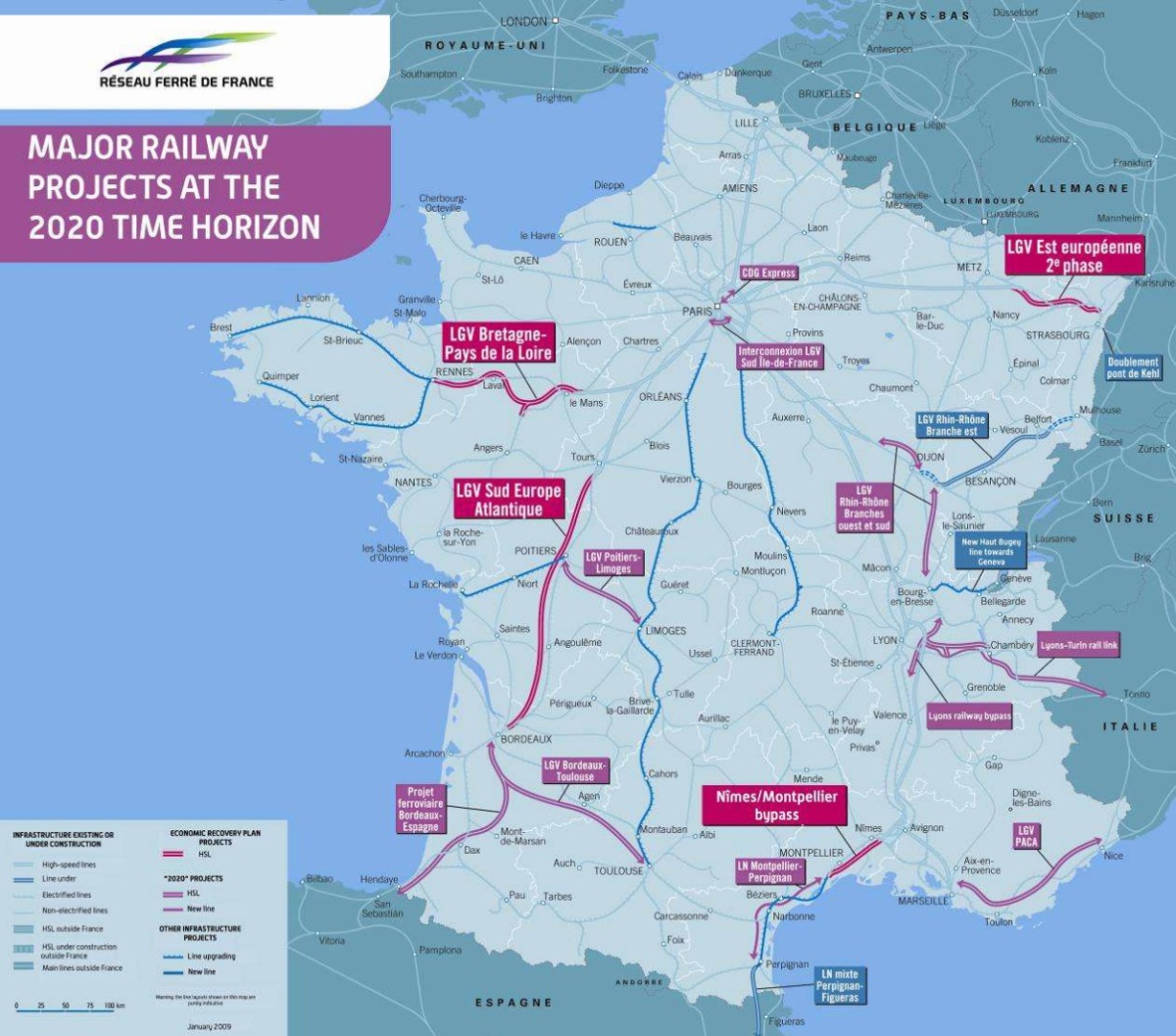 A francia vasúti hálózat bővítési tervei a 2020-ig tartó EU költségvetési periódusra. A Bretagne és a Loire völgye közötti pályára már aláírták a PPP-szerződést<br>(Forrás: RFF)