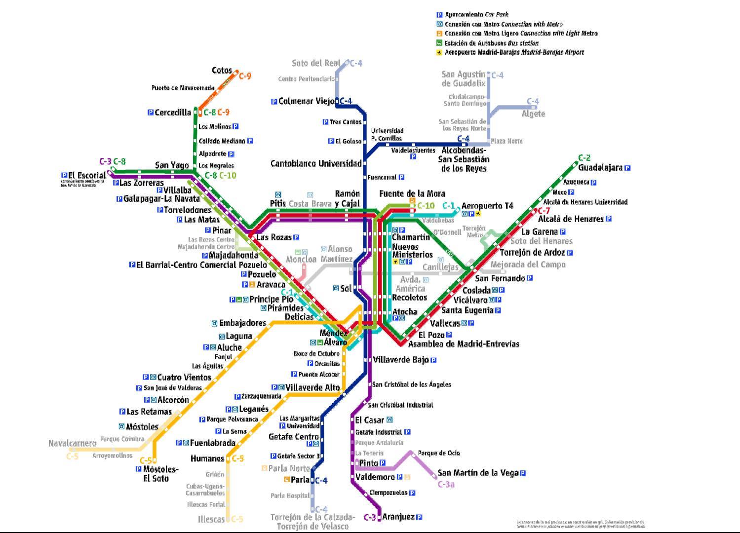 A madridi Cercanías hálózat legfrissebb térképe. A halvány szakaszok viszont még nincsenek készen<br>(forrás: wikipedia)