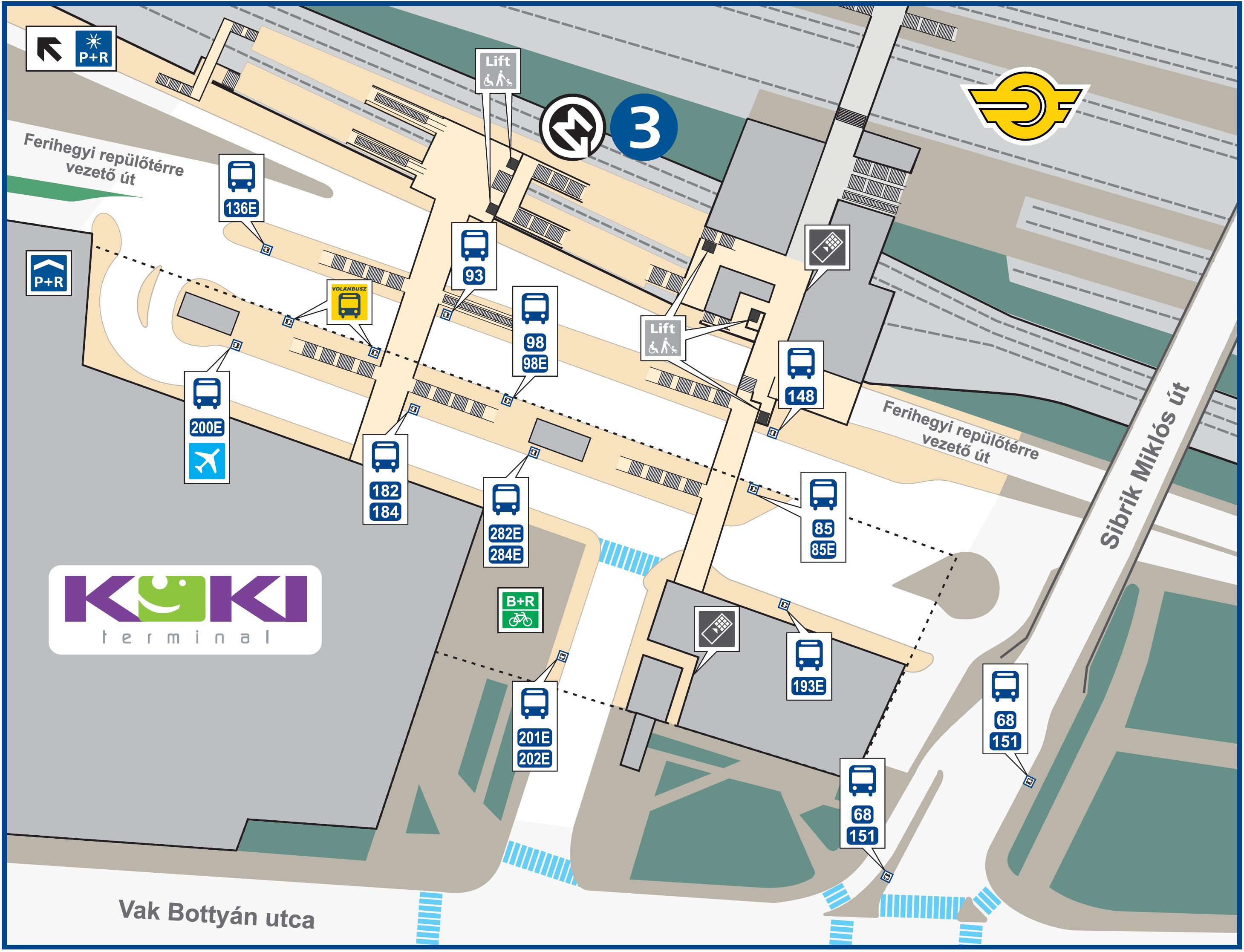 Az új buszállomás térképe az adott járatok indulási helyeivel. A BKK nyomatékosan kéri a tisztelt utasokat, hogy csak a gyalogosforgalomra megnyitott zebrákon és járdákon közlekedjenek.<br>(forrás: BKK)