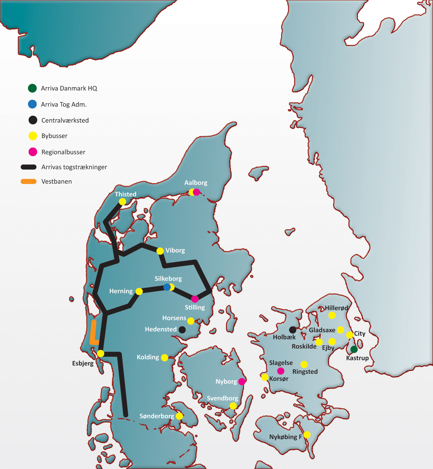 Az Arriva autóbuszos érdekeltségei és a jütlandi mellékvonalak (forrás: arriva.dk)