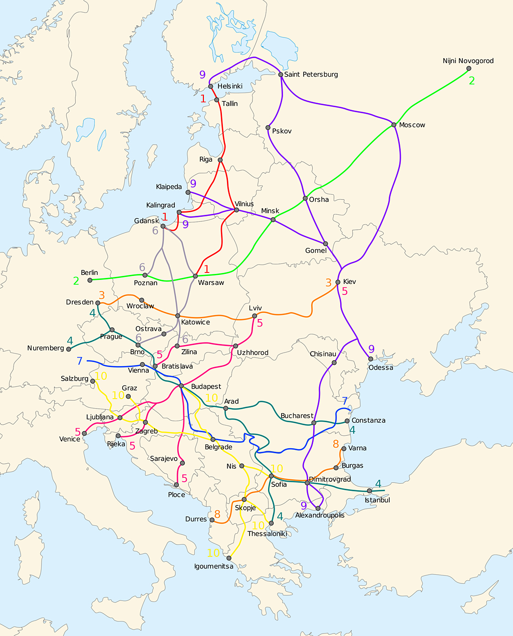 A páneurópai közlekedési folyosók vázlatos térképe<br>(forrás: wikipedia)