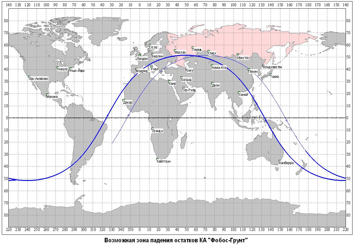 A visszatérő műhold lehetésges pályája<br>(forrás: Katasztrófavédelem)