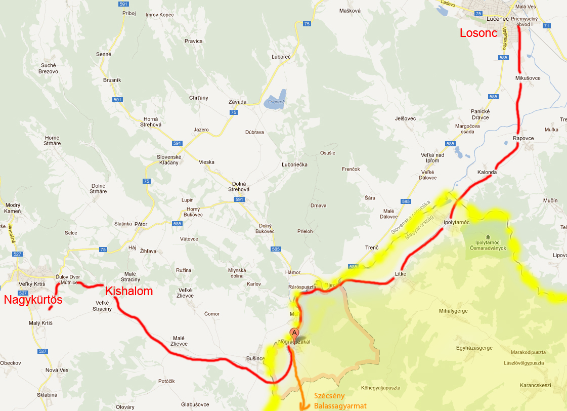 A piros vonal a vasúti kapcsolatot mutatja, a sárgával satírozott rész Magyarország<br>(forrás: maps.google.com)