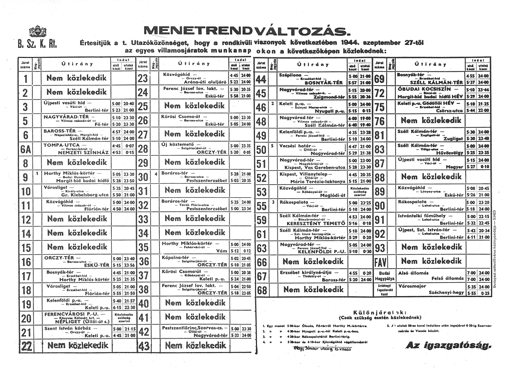 1944-ben „háborús menetrendet” vezettek be, a villamosok forgalmát erősen korlátozták<br>A képre kattintva fotógaléria nyílik<br>(forrás: A főváros tömegközlekedésének másfél évszázada, Budapest 1987)
