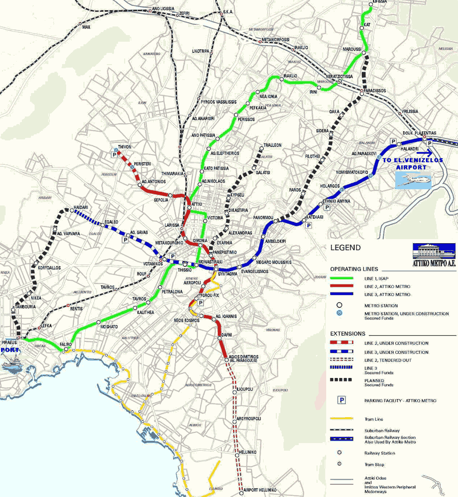 Athén metróvonalai<br />(forrás: http://subway.umka.org/)