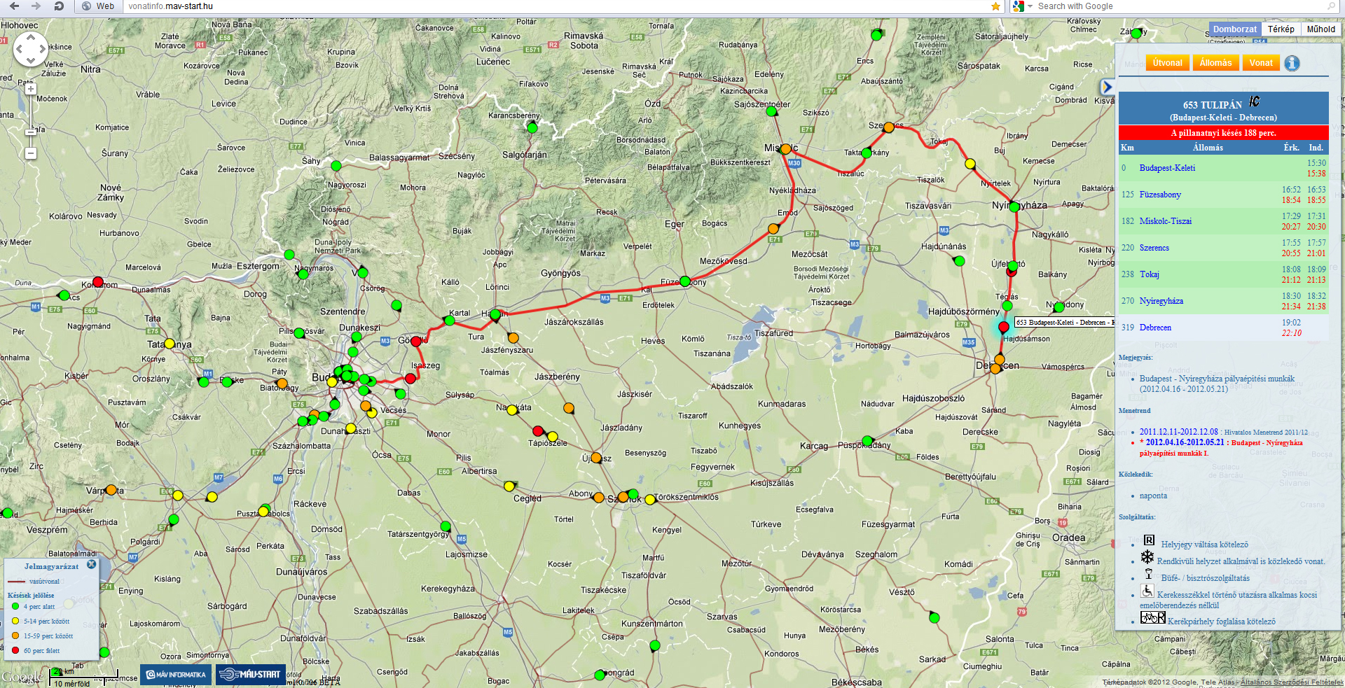 A baleset miatt alaposan felborult Kelet-Magyarország közlekedése. Az Újfehértónál levő piros pötty a Tisza nemzetközi gyorsvonat a maga 192 perces késésével<br>(forrás: http://vonatinfo.mav-start.hu/)
