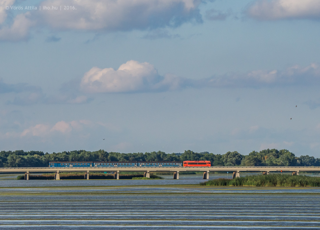 Debrecen felé robog egy csörgős ingavonat a Tisza-tó fölötti hídon (Vörös Attila felvétele)