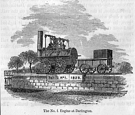 Stephenson Locomotion nevű gőzmozdonya az 1825-ben megnyitott Stockton–Darlington vasútvonalon<br>(a képek forrása: wikipedia)