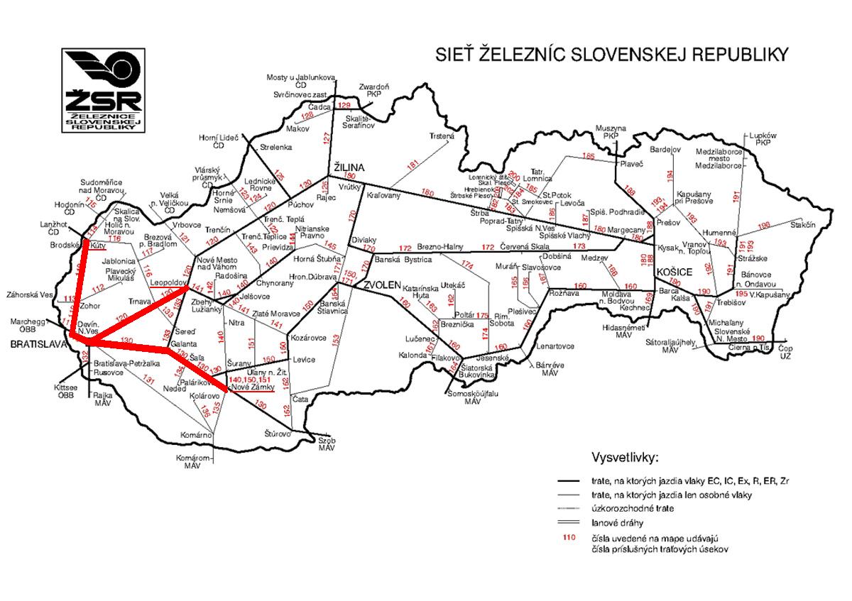 a pirossal jelölt vonalakon járnak az ingavonatok<br>(a térkép a szlovák menetrend melléklete)