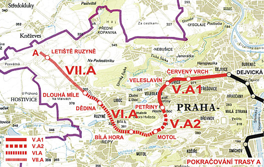Az A metróvonal bővítésének tervei, a most épülő vonal a bővítésnek az V.A1 és V.A2 szakasza<br>(forrás: metroweb.cz)