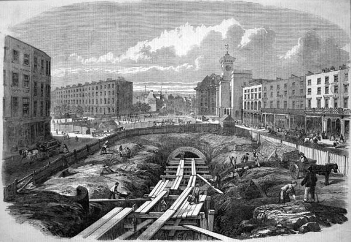 A Metropolitan Railway építése King's Cross állomásnál<br/>(forrás: wikipedia)