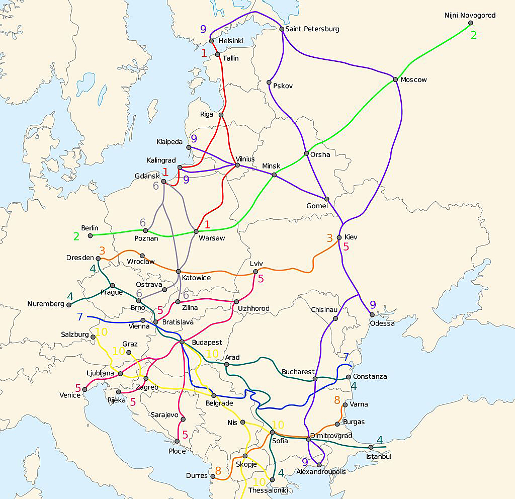 A páneurópai közlekedési folyosók térképe<br>A képre kattintva fotógaléria nyílik<br>(forrás: wikipedia)