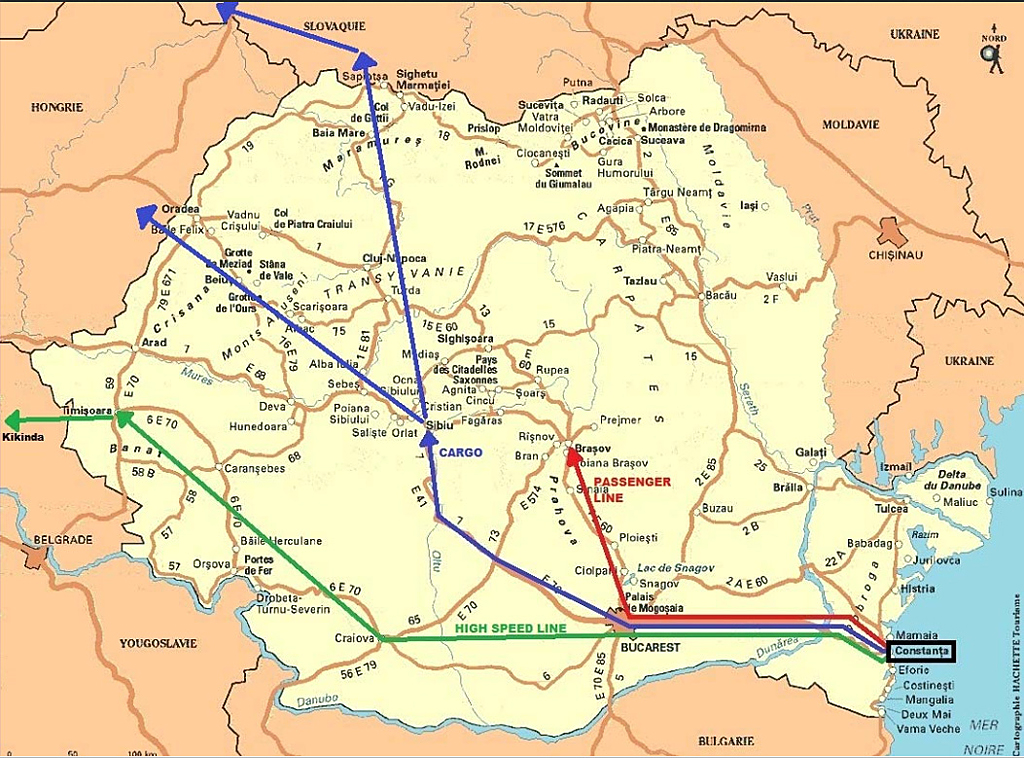 A Constanţába vezető három út: személyforgalom Brassón át, teherszállítás Nagyszeben felől, az új nagysebességű vonal délről kerüli a Kárpátokat