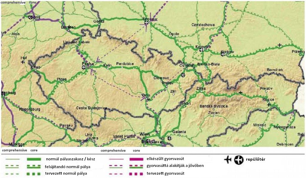 A nagysebességű vasutak, s tervezett vonalaik<br>(térkép: e15.cz, magyar változat: iho)